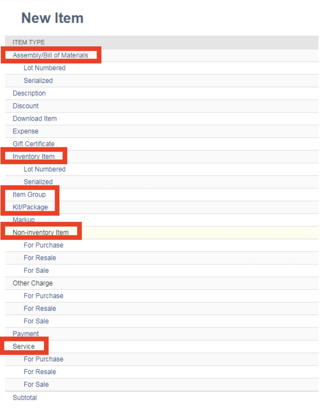 item types netsuite