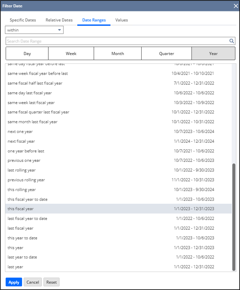 Date Filter Date Ranges