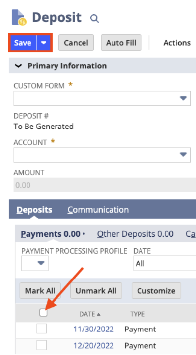 Deposit a payment from this screen