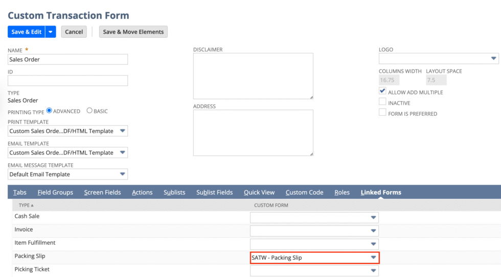 Show where to set the packing slip custom form on the sales order template.