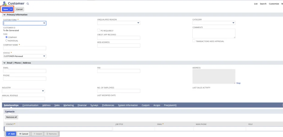 Create a the Customer Record to initiate O2C process